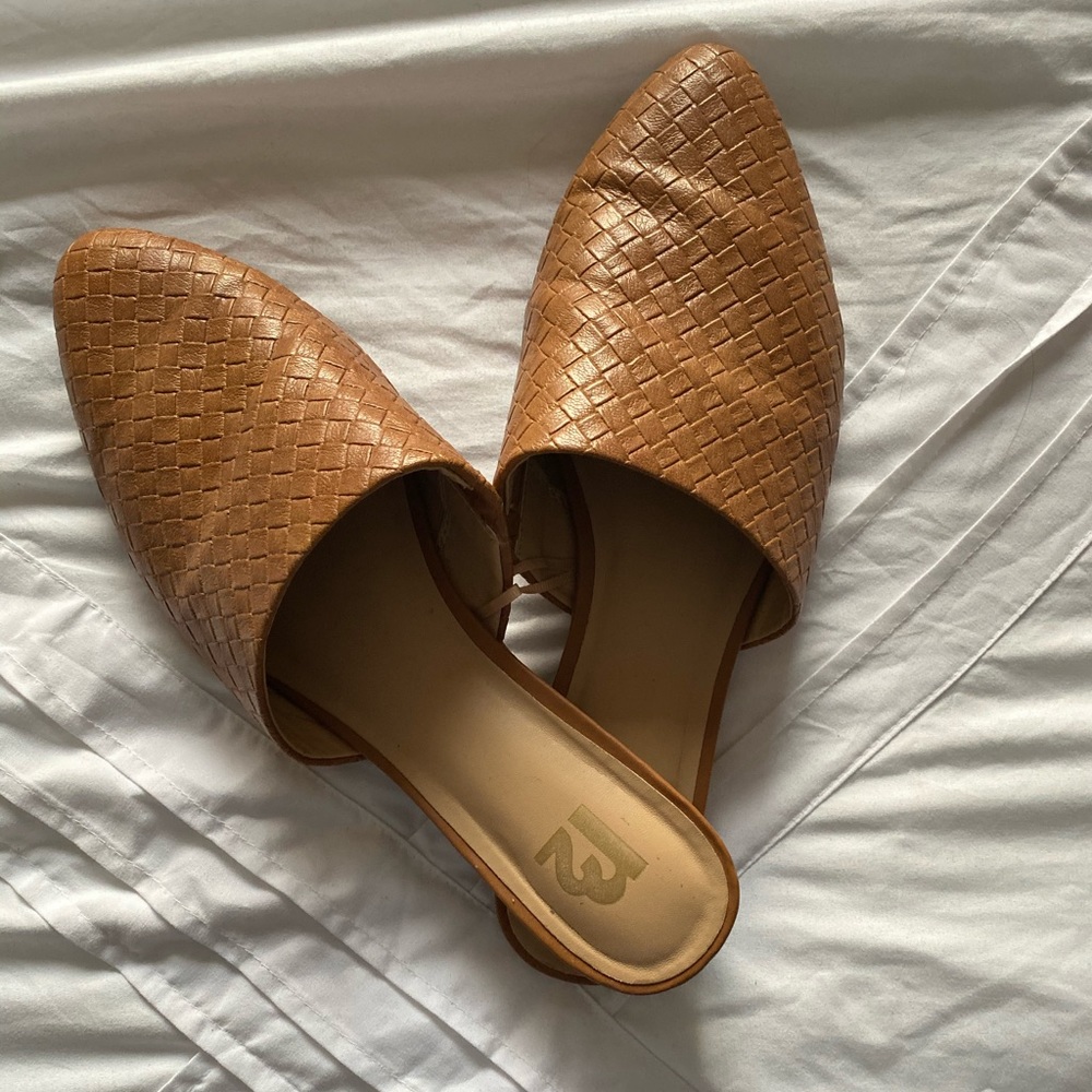 Brown faux leather slides